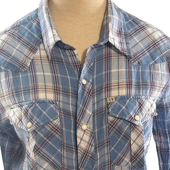 Salt Valley Western Plaid Snap Button Shirt Blue/Cream Long Sleeve Cotton Large - Picture 4 of 9